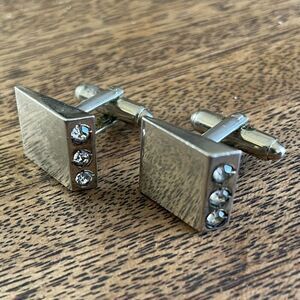 Men's Cuff Links Silver Tone Rhinestones Asymmetrical Square Vintage Retro Party